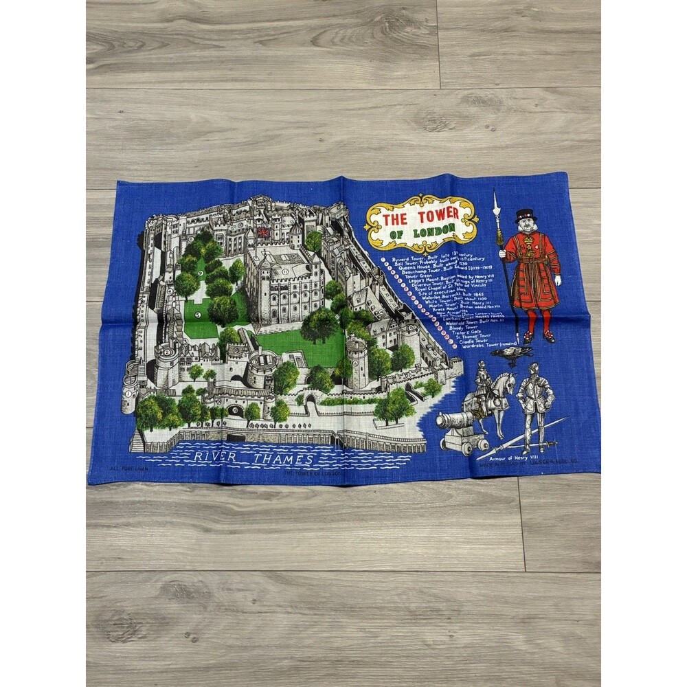 VINTAGE IRISH LINEN TEA TOWEL BY ULSCER “The Tower Of London” The River Thames